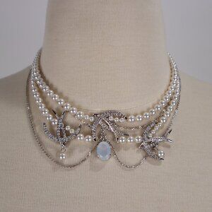 🌺 Vtg Swarovski Crystal Birds Pearls Silver Draped Necklace Choker Jewelry Box